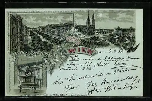 Mondschein-Lithographie Wien, Denkmal Kaiser Josef II., Kärntnerring, Votivkirche u. Währinastrasse