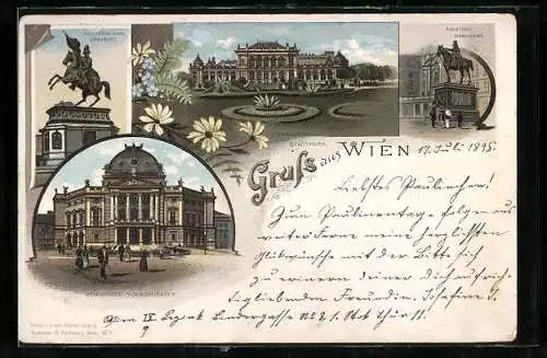 Lithographie Wien, Deutsches Volkstheater, Cursalon Stadtpark, Radetzky-Monument