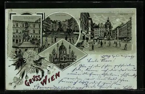 Mondschein-Lithographie Wien, Schiller-Monument, Donner Brunnen, Hoher Markt