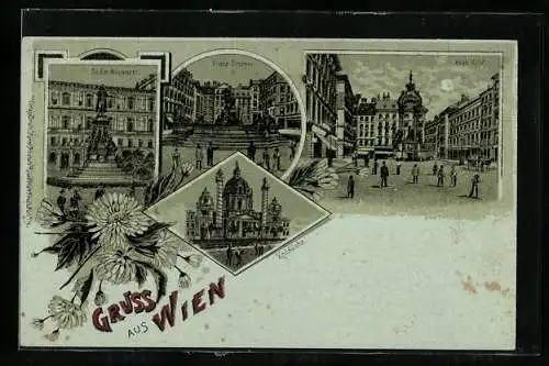 Mondschein-Lithographie Wien, Donner Brunnen, Hoher Markt, Karlskirche