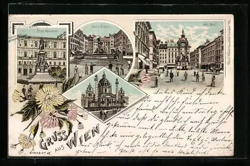 Lithographie Wien, Donner Brunnen, Hoher Markt, Karlskirche, Schiller-Monument