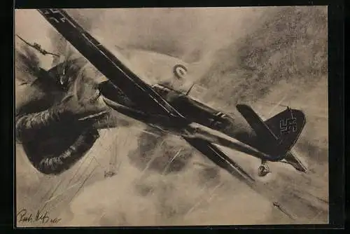 Künstler-AK Zwei Me 109 Jagdflugzeuge vernichten einen feindlichen Fesselballon