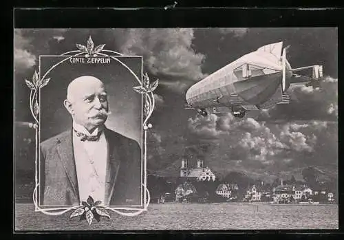 AK Portrait des Grafen Zeppelin mit einem seiner Luftschiffe