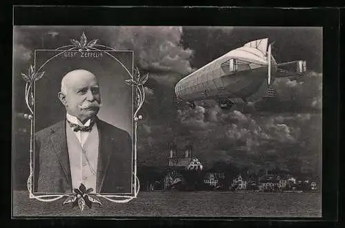 AK Zeppelin in der Luft, Portrait Graf Zeppelin