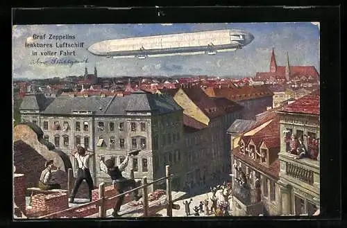 AK Zeppelin-Luftschiff in voller Fahrt über einer Stadt