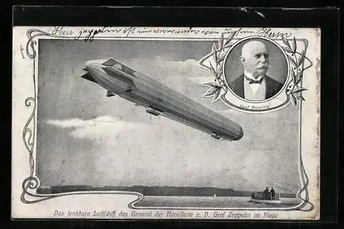 AK Luftschiff des Grafen Zeppelin im Flug, Portrait Graf Zeppelin