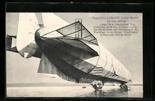 AK Zeppelin`s Luftschiff, neues Modell, vor dem Aufstieg auf dem Wasser