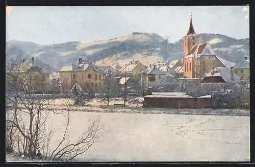 AK Türnitz, Teilansicht im Schnee mit Bergen
