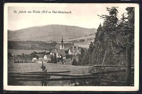 AK St. Jakob am Walde /Ost-Steiermark, Ortsansicht mit Feldern und Wald