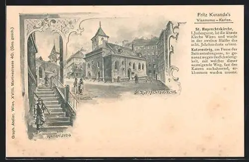 Künstler-AK Alt-Wien, St. Ruprechtskirche & Katzensteig