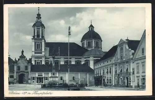 AK Pöllau, Hauptplatz mit Kirche und Denkmal