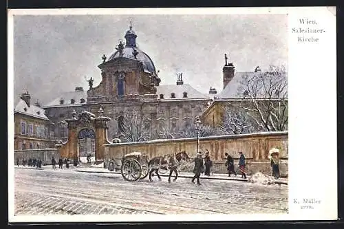 Künstler-AK Wien, Salesianer-Kirche im Winter