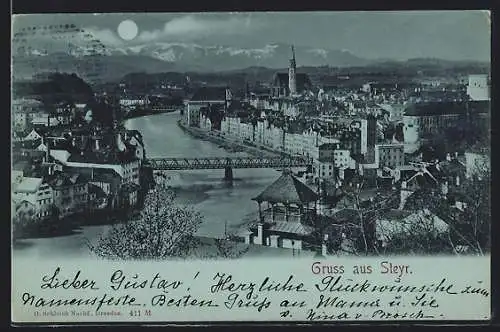 Mondschein-AK Steyr, Stadtansicht mit Flusspartie