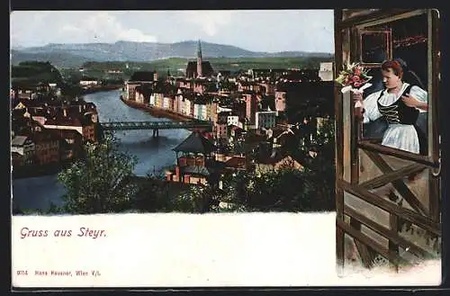 AK Steyr, Ortspartie a Fluss aus der Vogelschau