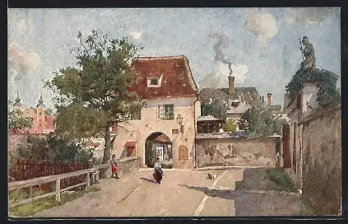 Künstler-AK Steyr /O.-Ö., Strassenpartie mit Passanten und Hühnern