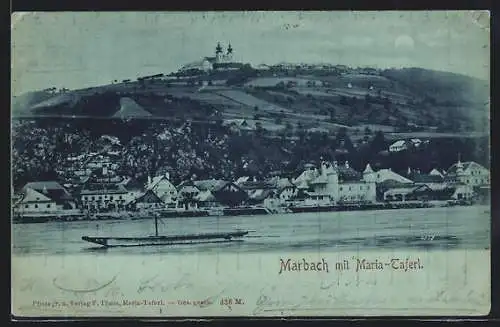 Mondschein-AK Marbach /Donau, Ortsansicht mit Maria-Taferl
