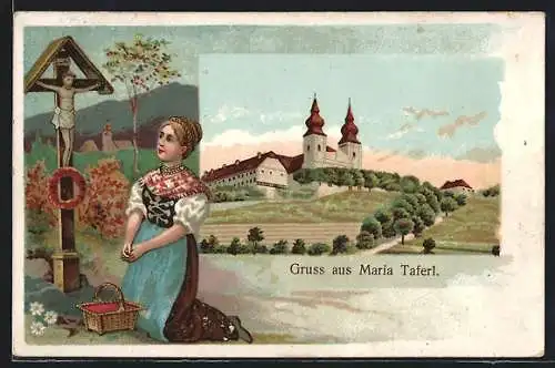 Lithographie Maria Taferl, Kirche im Sonnenschein