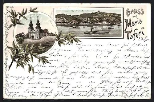 Lithographie Maria Taferl, Kirche und Ansicht mit Marbach