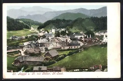AK St. Aegyd a. N., Ortsansicht mit der Kirche und mit dem Göller