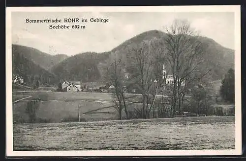 AK Rohr im Gebirge, Ortspartie mit Kirche hinter den Bäumen