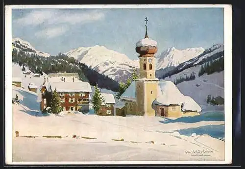 AK Gargellen, Kirche und Hotel Madrisa, gemalt von Max Märtens