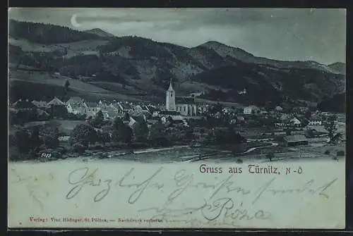 Mondschein-AK Türnitz /N.-Ö., Teilansicht mit Kirche