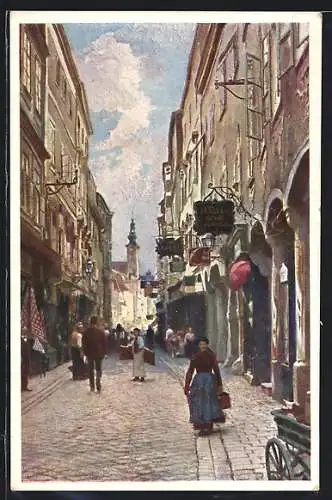 AK Steyr /Ob.-Öst., Strassenpartie mit Geschäften