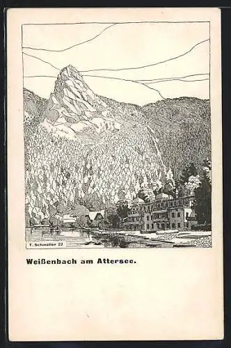 Künstler-AK Weissenbach am Attersee, Ortsansicht gegen den Berg