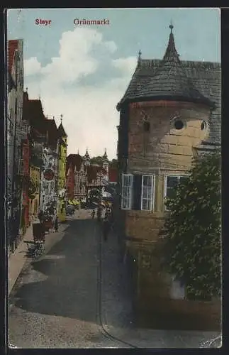 AK Steyr, Strasse am Grünmarkt aus der Vogelschau