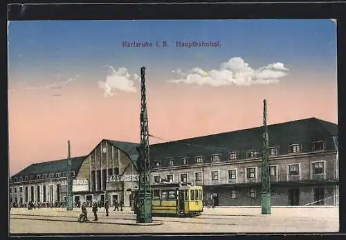 AK Karlsruhe, Strassenbahn vor dem Hauptbahnhof