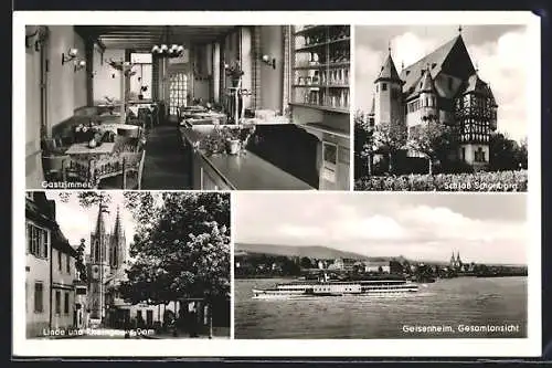 AK Geisenheim, Gasthof zur Eisenbahn, Dampfer auf dem Fluss, Schloss Schönborn