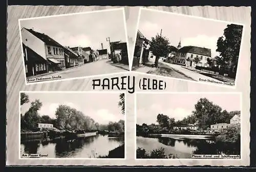 AK Parey /Elbe, Ernst-Thälmann-Strasse, Plauer Kanal und Schiffswerft