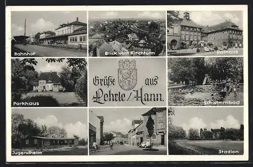 AK Lehrte, Bahnhof, Blick vom Kirchturm, Rathaus, Parkhaus, Schwimmbad, Jugendheim, Stadion, Sedanplatz