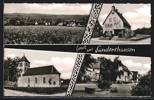 AK Sandershausen, 4 Ortsansichten mit Geschäft und Kirche