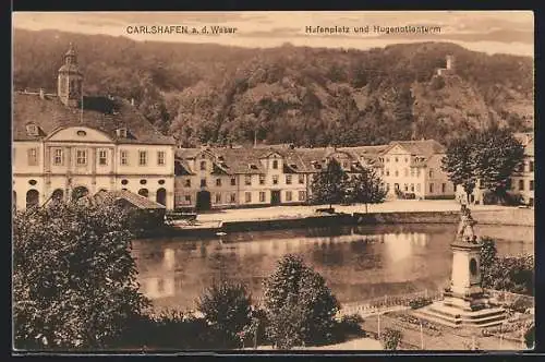 AK Carlshafen a. d. Weser, Hafenplatz und Hugenottenturm aus der Vogelschau