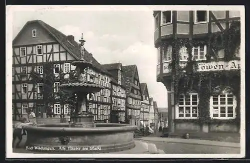 AK Bad Wildungen, Alte Häuser am Markt mit Löwen-Apotheke und Brunnen