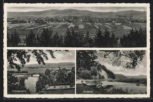 AK Bebra, Totalansicht, Fuldapartie u. Fuldatal, Karte der Bahnhofs-Gaststätte Bebra, Inh. L. Kray