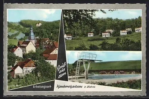 AK Nentershausen / Bebra, Ortsansicht mit Blick nach der Kirche, Siedlungsansicht, Schwimmbad