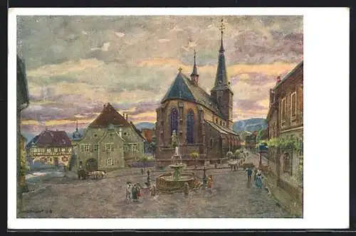 Künstler-AK Deidesheim, Marktplatz mit Kirche