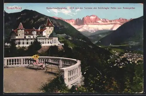 AK Gries-Bozen, Ausblick von der Terrasse des Reichriegler Hofes zum Rosengarten