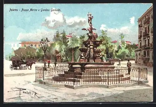 AK Palermo, Piazza Marina e Giardino Garibaldi, Pferdekutsche