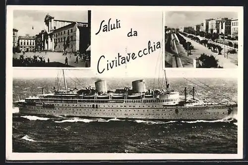 AK Civitavecchia, Strassenpartie, Dampfer auf offener See