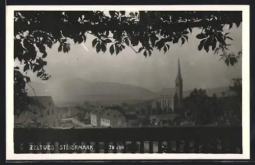 AK Zeltweg /Steiermark, Blick auf die Kirche von einem Balkon aus