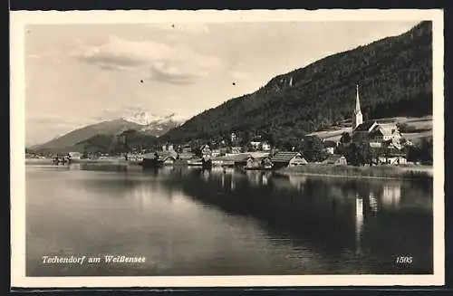 AK Techendorf am Weissensee, Ortsansicht mit Bergen und See