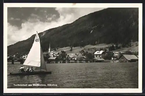 AK Techendorf am Weissensee, Ortsansicht mit Segelboot