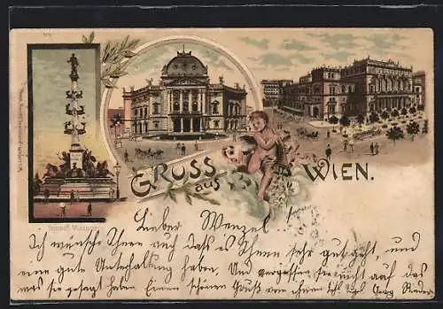 Lithographie Wien, Tegetthoff-Monument, Deutsches Volkstheater und Börse