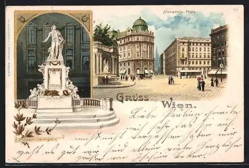 Lithographie Wien I, Albrechtsplatz, Albrechtsplatz und Mozartdenkmal