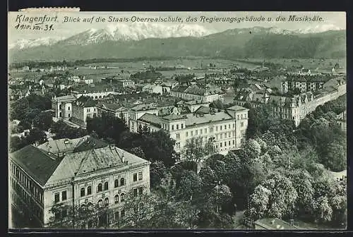 AK Klagenfurt, Blick auf die Staats-Oberrealschule, das Regierungsgebäude und die Musiksäle