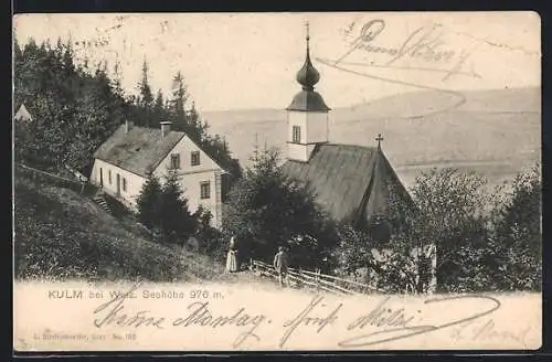 AK Kulm bei Weiz, Blick zur Kirche und ins Tal, Touristenhaus am Kulm