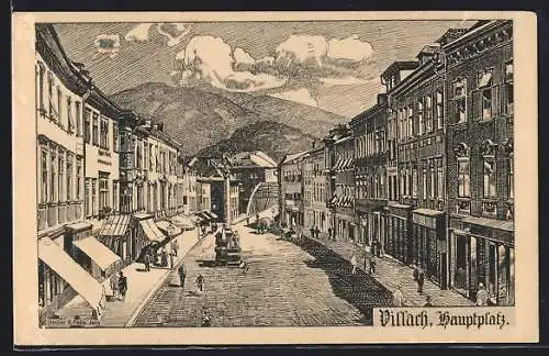 Künstler-AK Villach, Strassenpartie am Hauptplatz